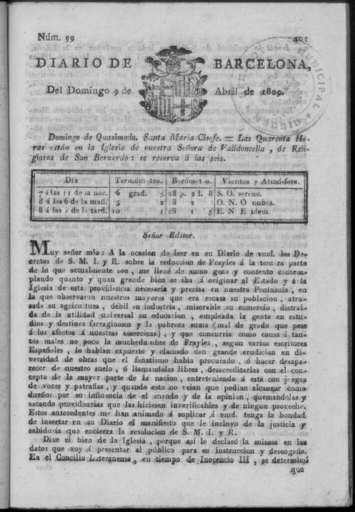 Miniatura de Diario de Barcelona del domingo 9 de abril de 1809