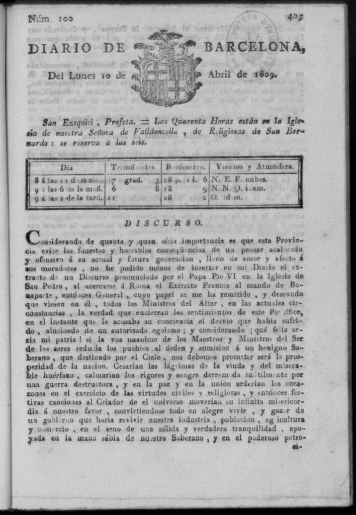 Miniatura de Diario de Barcelona del lunes 10 de abril de 1809