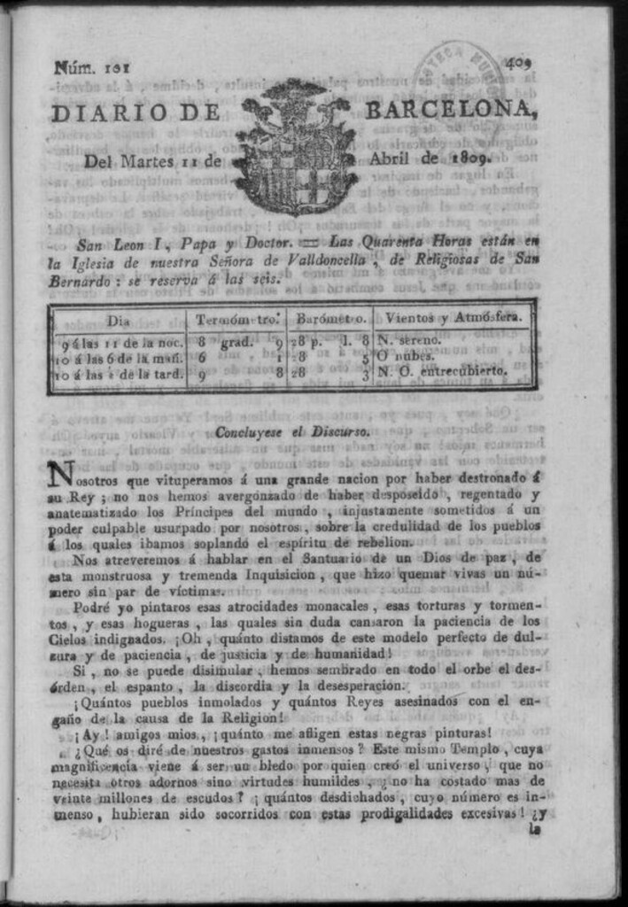 Miniatura de Diario de Barcelona del martes 11 de abril de 1809