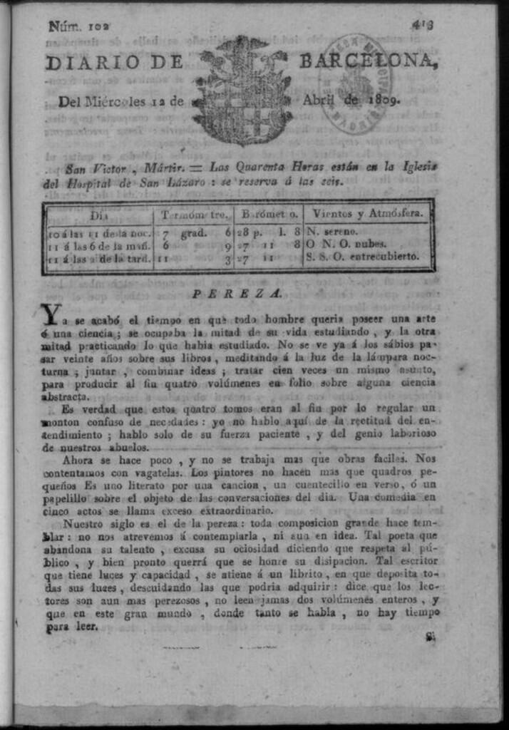 Miniatura de Diario de Barcelona del miércoles 12 de abril de 1809