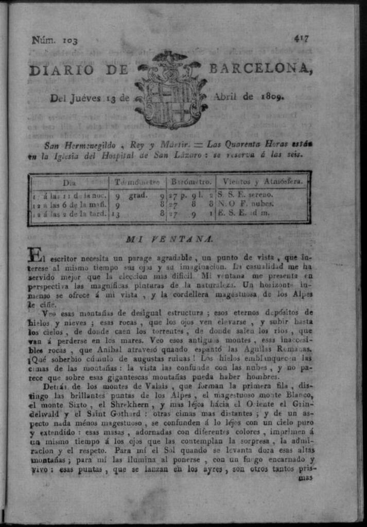 Miniatura de Diario de Barcelona del jueves 13 de abril de 1809