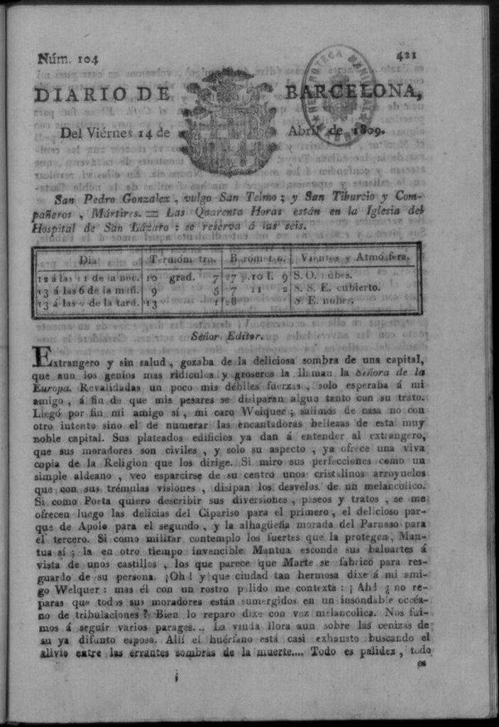 Miniatura de Diario de Barcelona del viernes 14 de abril de 1809