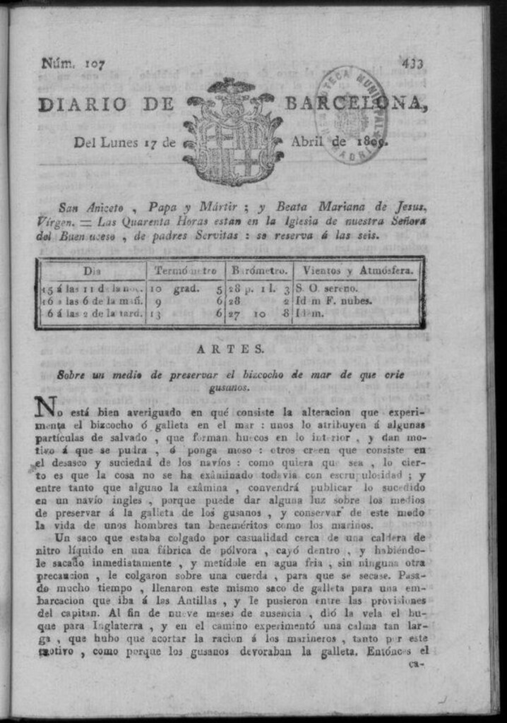 Miniatura de Diario de Barcelona del lunes 17 de abril de 1809