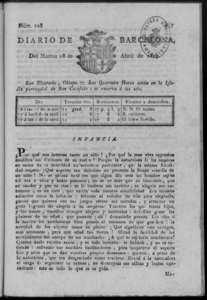 Miniatura de Diario de Barcelona del martes 18 de abril de 1809