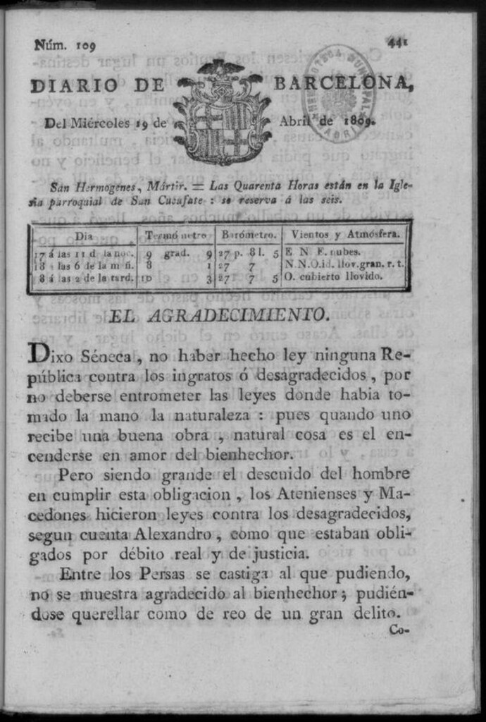 Miniatura de Diario de Barcelona del miércoles 19 de abril de 1809