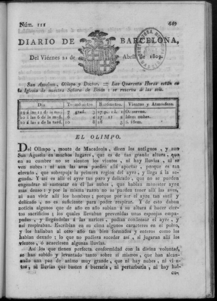 Miniatura de Diario de Barcelona del viernes 21 de abril de 1809
