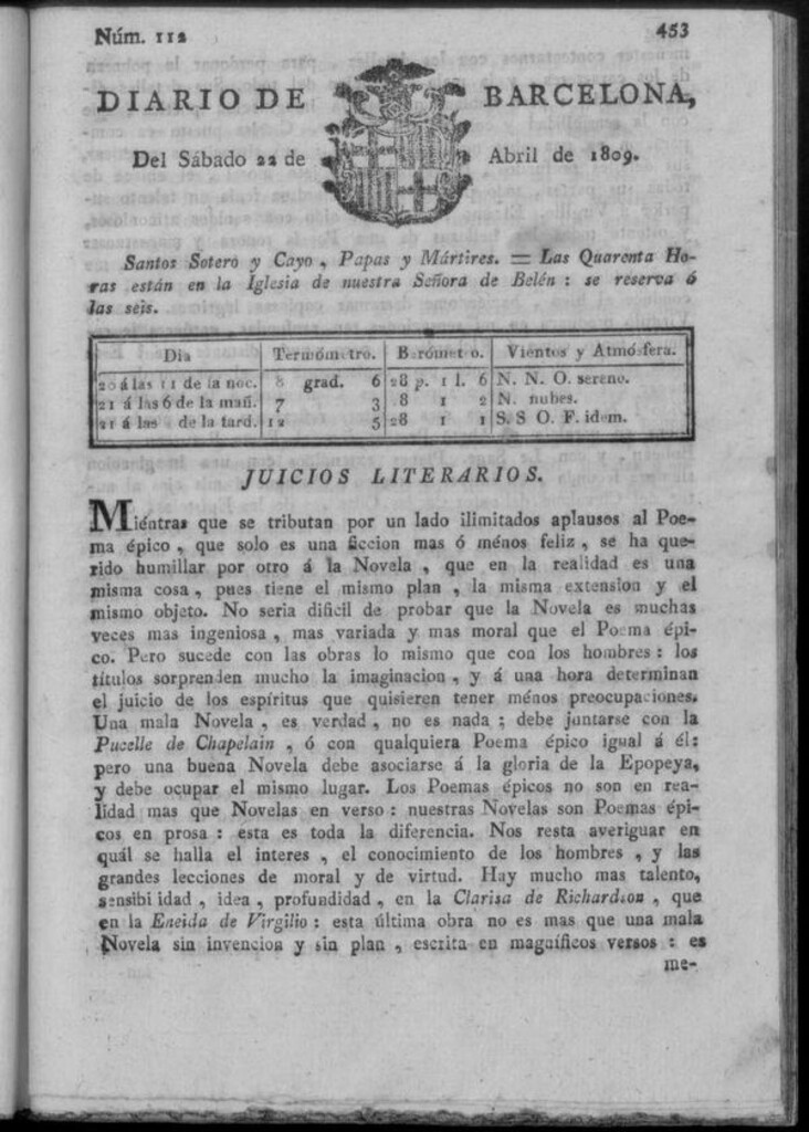 Miniatura de Diario de Barcelona del sábado 22 de abril de 1809