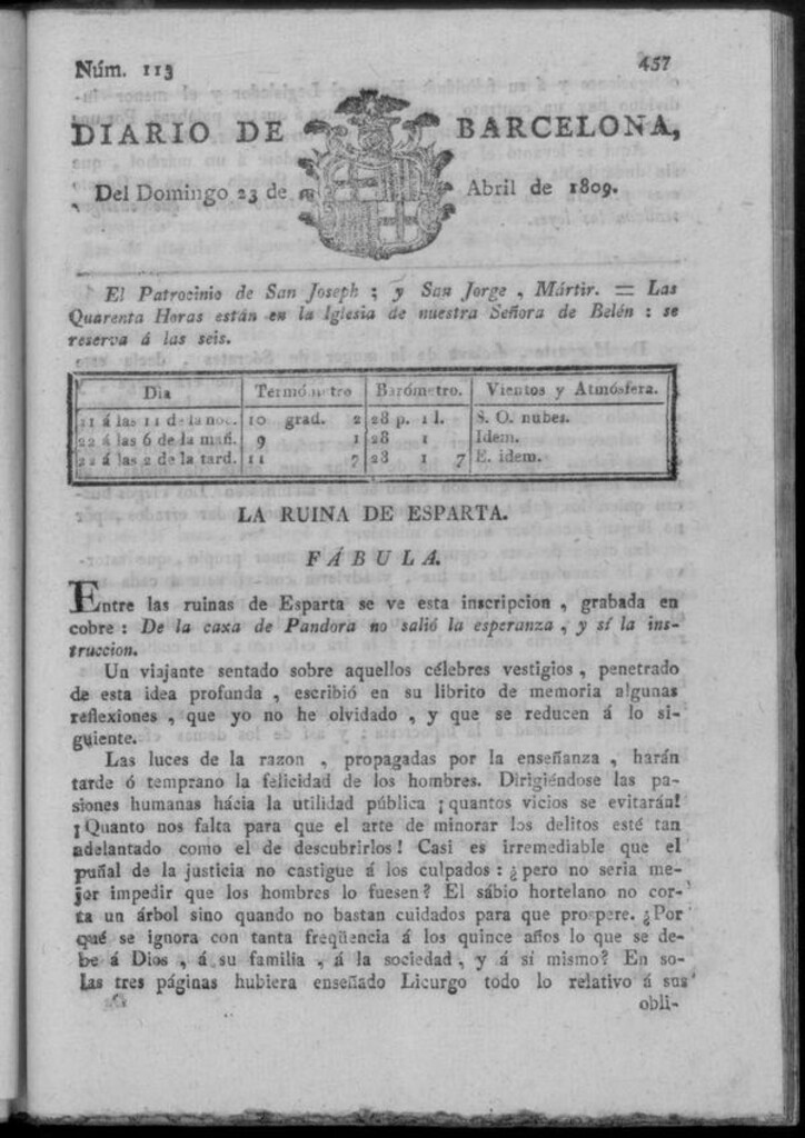 Miniatura de Diario de Barcelona del domingo 23 de abril de 1809