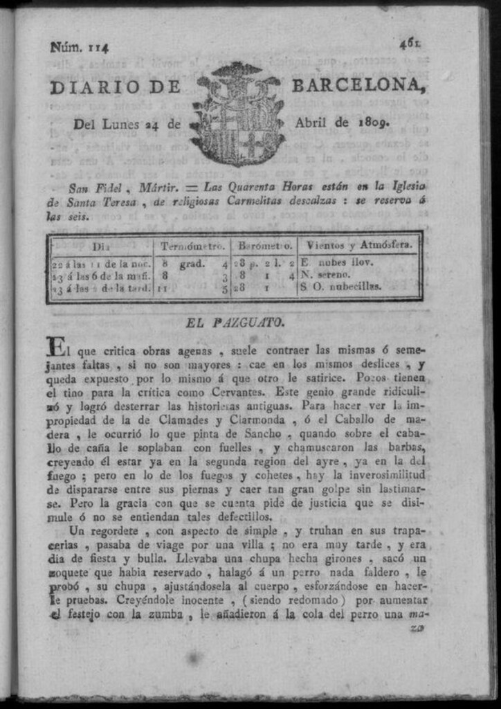 Miniatura de Diario de Barcelona del lunes 24 de abril de 1809