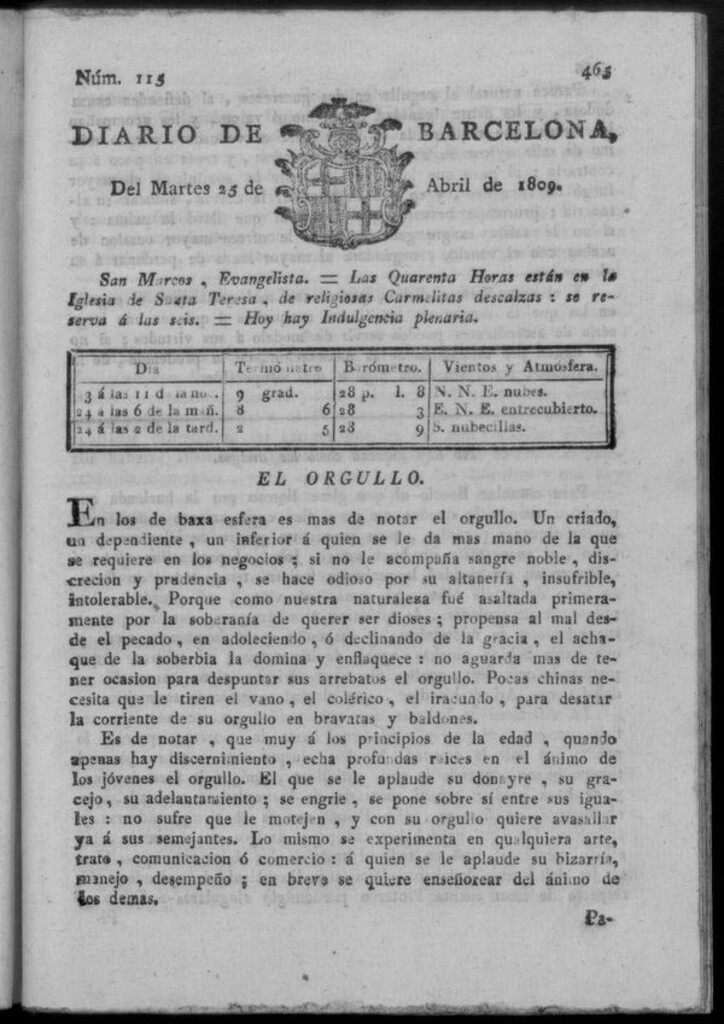 Miniatura de Diario de Barcelona del martes 25 de abril de 1809