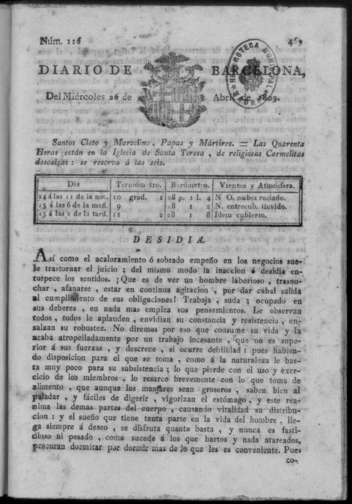 Miniatura de Diario de Barcelona del miércoles 26 de abril de 1809