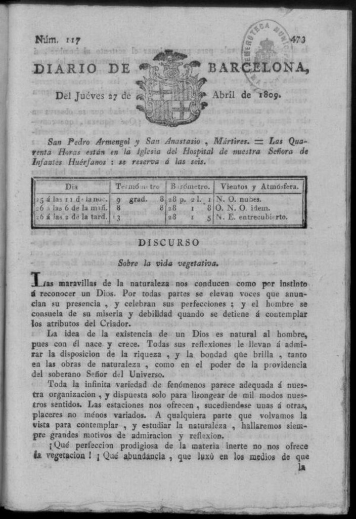 Miniatura de Diario de Barcelona del jueves 27 de abril de 1809