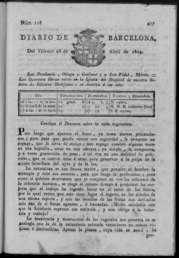 Miniatura de Diario de Barcelona del viernes 28 de abril de 1809