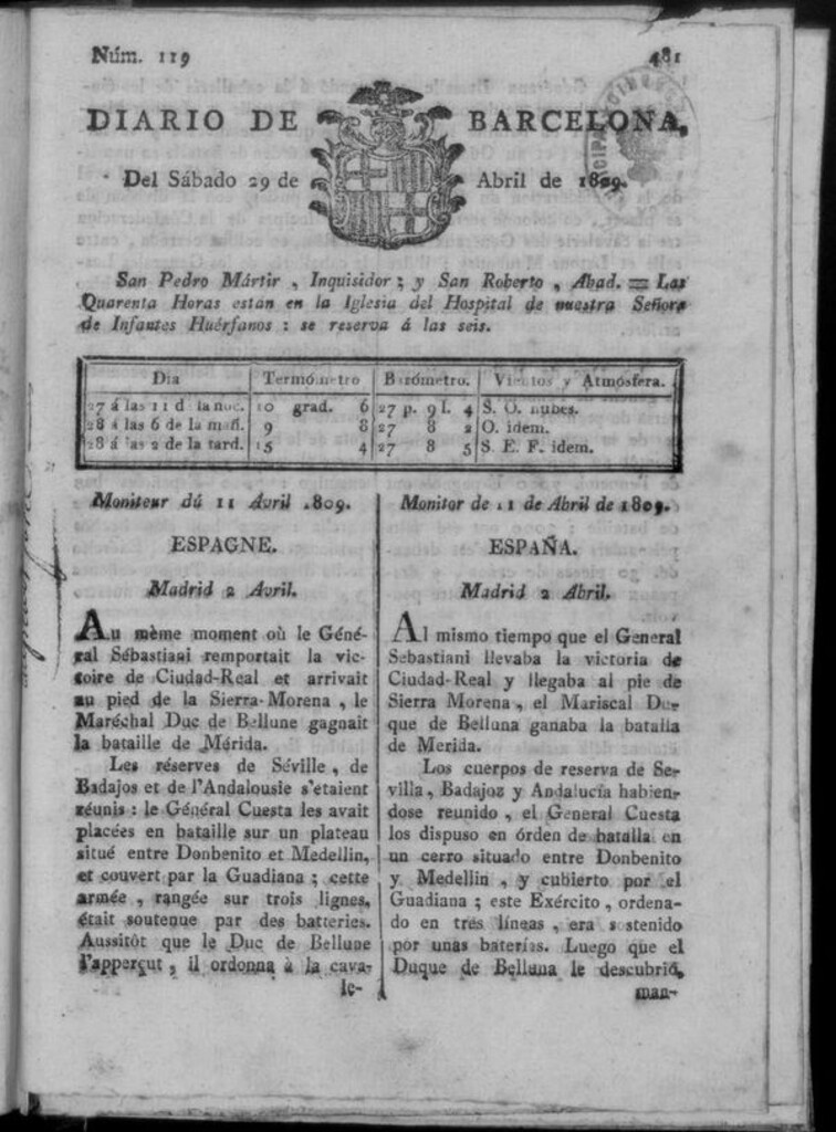 Miniatura de Diario de Barcelona del sábado 29 de abril de 1809