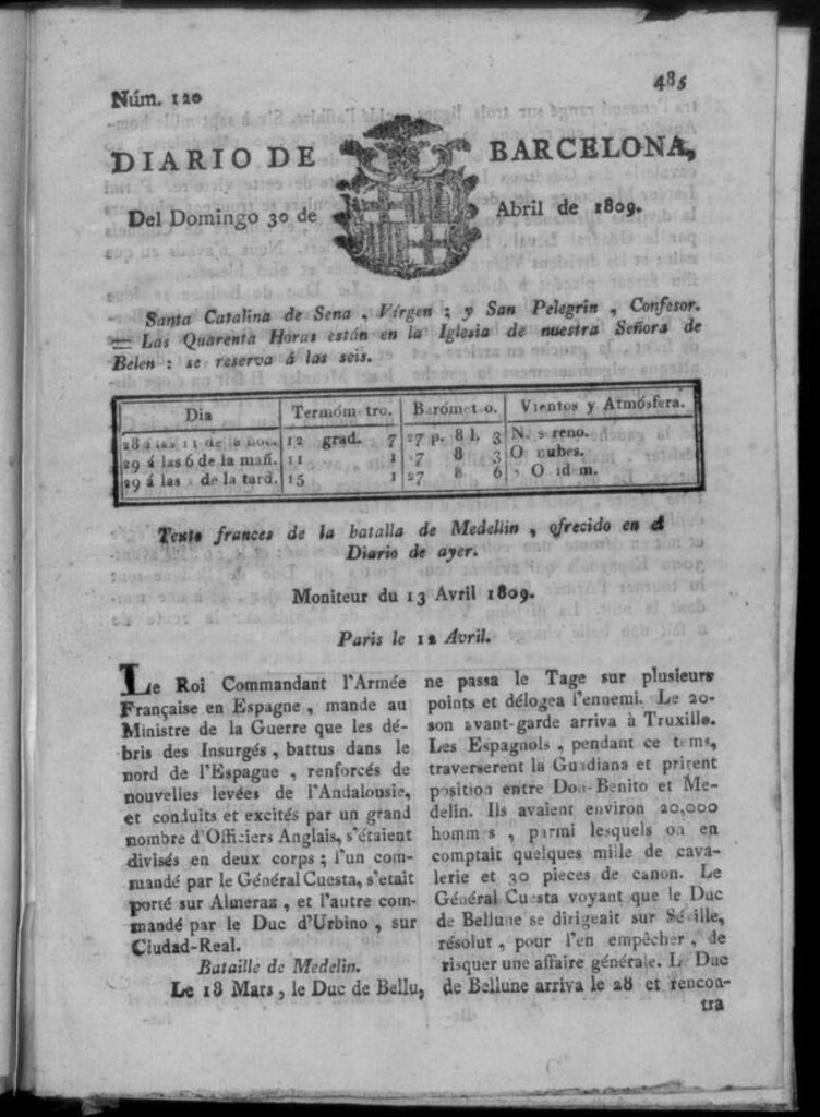 Miniatura de Diario de Barcelona del domingo 30 de abril de 1809