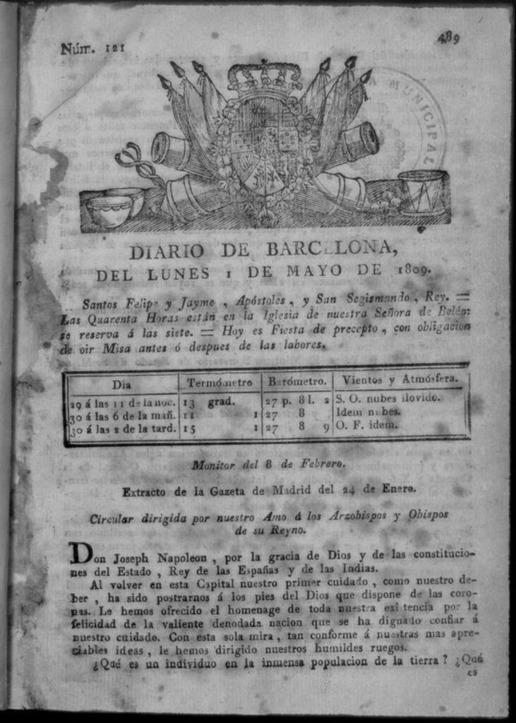 Miniatura de Diario de Barcelona del lunes 1 de mayo de 1809