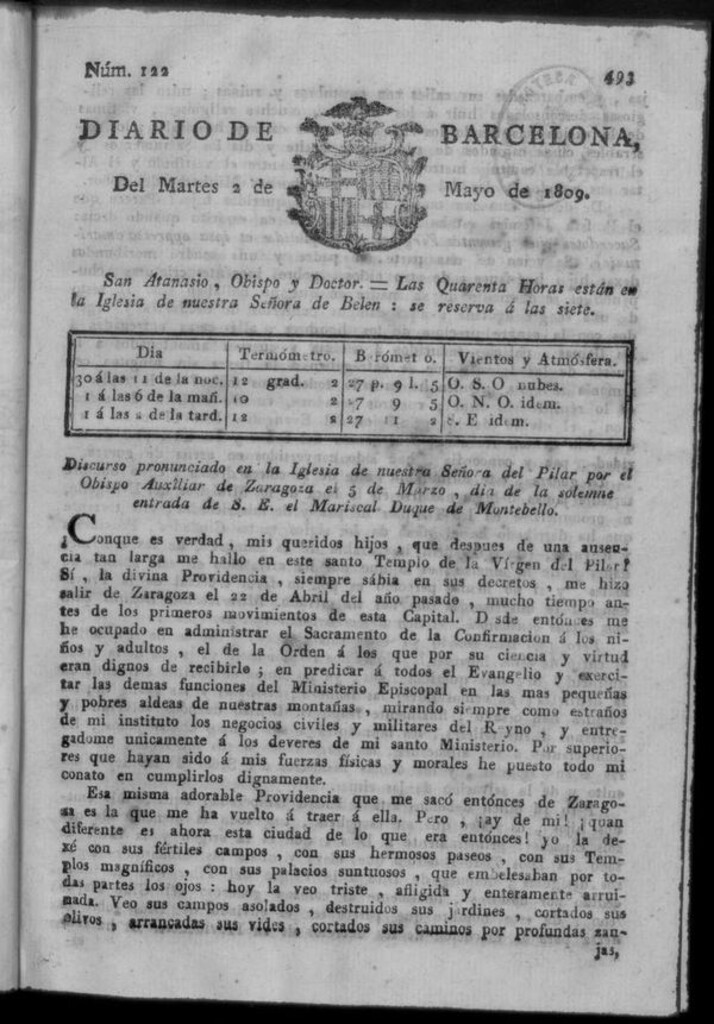 Miniatura de Diario de Barcelona del martes 2 de mayo de 1809