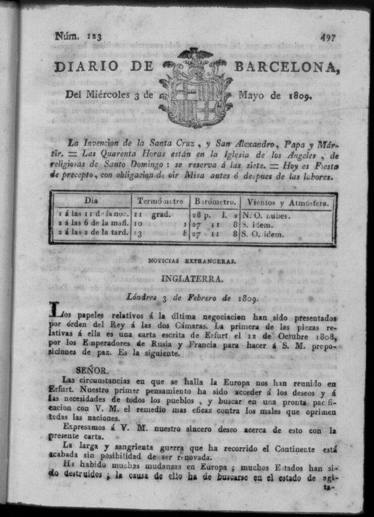 Miniatura de Diario de Barcelona del miércoles 3 de mayo de 1809