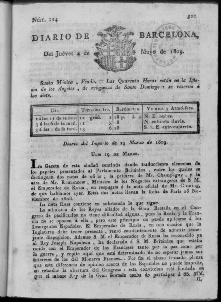 Miniatura de Diario de Barcelona del jueves 4 de mayo de 1809