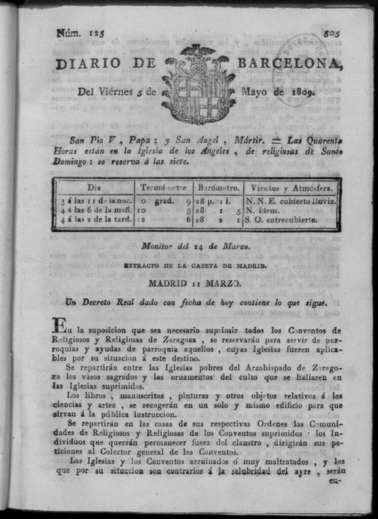 Miniatura de Diario de Barcelona del viernes 5 de mayo de 1809