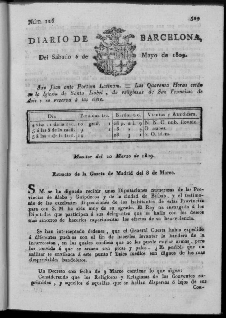 Miniatura de Diario de Barcelona del sábado 6 de mayo de 1809