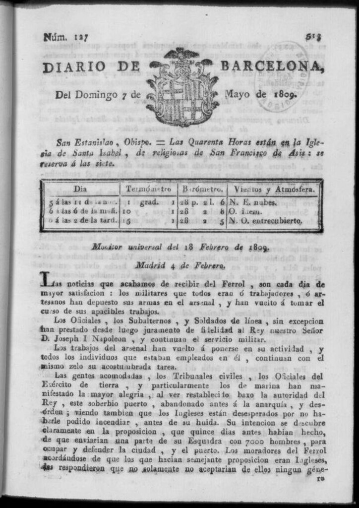 Miniatura de Diario de Barcelona del domingo 7 de mayo de 1809