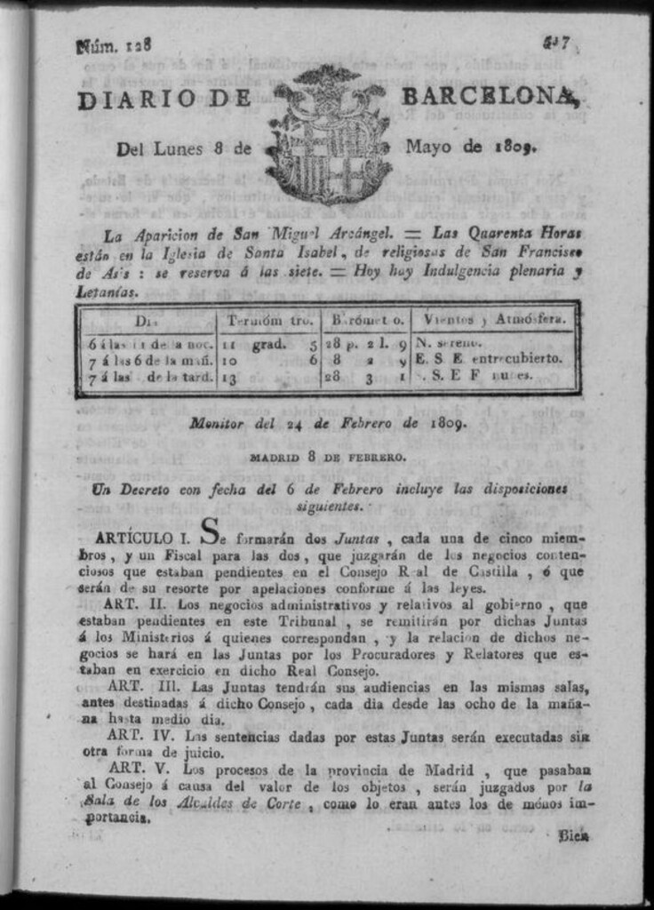 Miniatura de Diario de Barcelona del lunes 8 de mayo de 1809