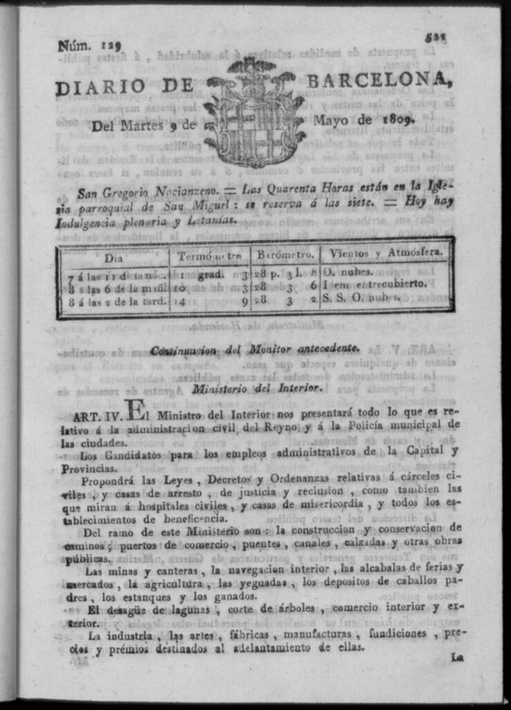 Miniatura de Diario de Barcelona del martes 9 de mayo de 1809