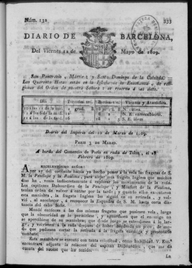 Miniatura de Diario de Barcelona del viernes 12 de mayo de 1809