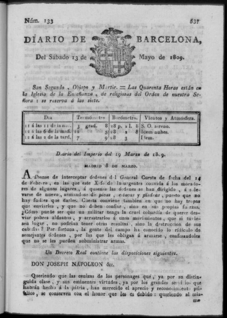 Miniatura de Diario de Barcelona del sábado 13 de mayo de 1809