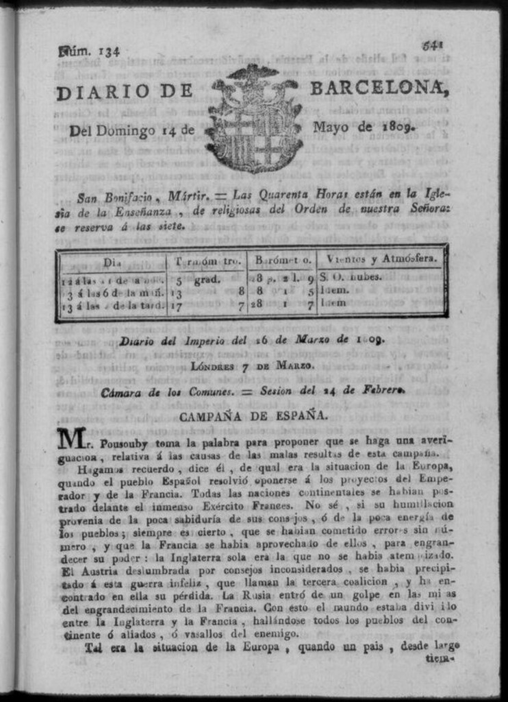 Miniatura de Diario de Barcelona del domingo 14 de mayo de 1809