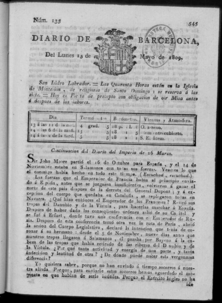 Miniatura de Diario de Barcelona del lunes 15 de mayo de 1809
