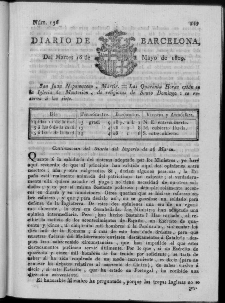 Miniatura de Diario de Barcelona del martes 16 de mayo de 1809