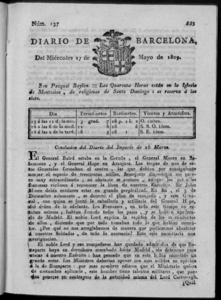 Miniatura de Diario de Barcelona del miércoles 17 de mayo de 1809