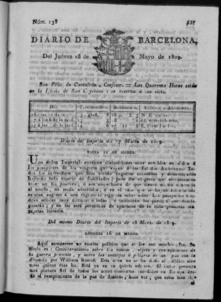 Miniatura de Diario de Barcelona del jueves 18 de mayo de 1809