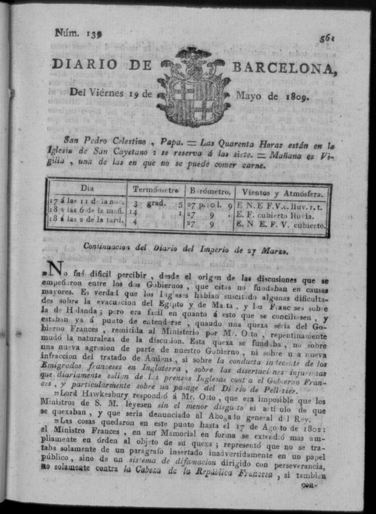 Miniatura de Diario de Barcelona del viernes 19 de mayo de 1809