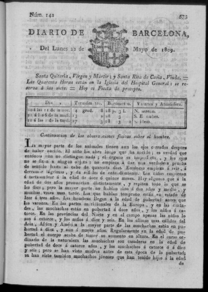Miniatura de Diario de Barcelona del lunes 22 de mayo de 1809