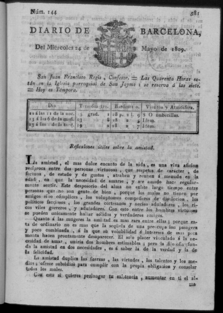 Miniatura de Diario de Barcelona del miércoles 24 de mayo de 1809