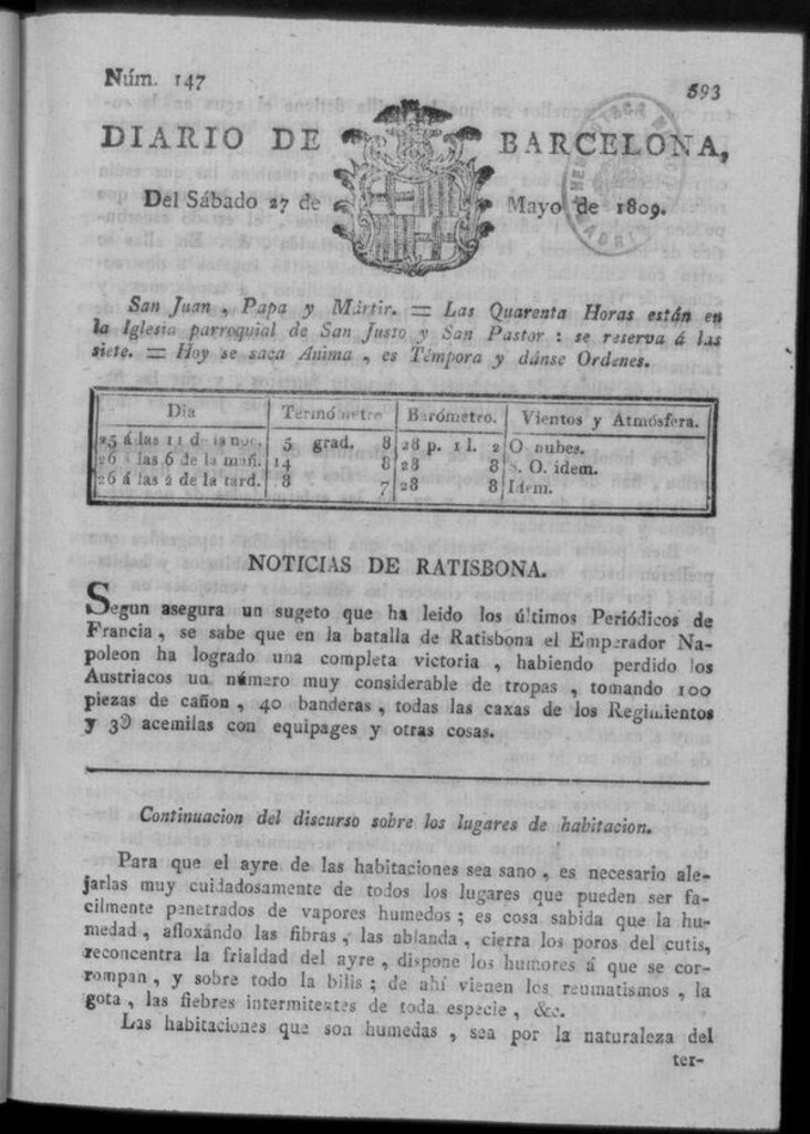 Miniatura de Diario de Barcelona del sábado 27 de mayo de 1809