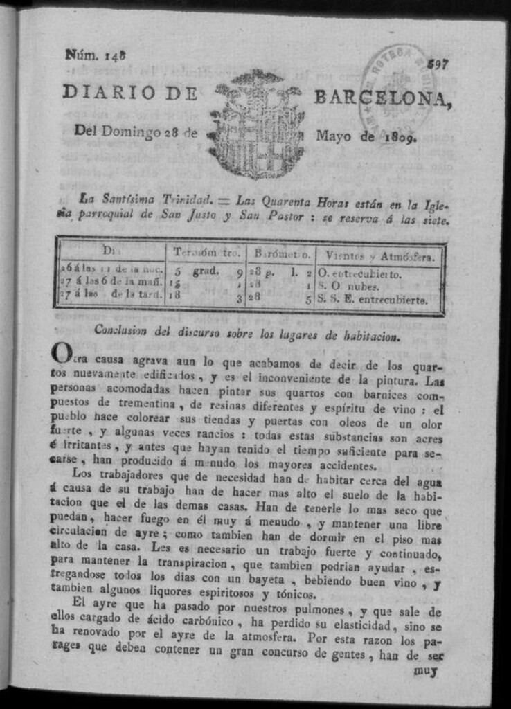 Miniatura de Diario de Barcelona del domingo 28 de mayo de 1809