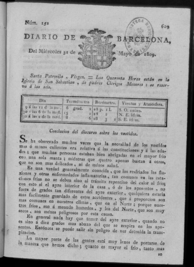 Miniatura de Diario de Barcelona del miércoles 31 de mayo de 1809