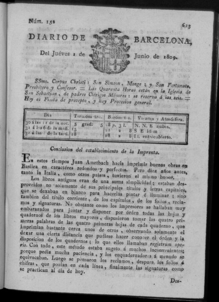 Miniatura de Diario de Barcelona del jueves 1 junio de 1809
