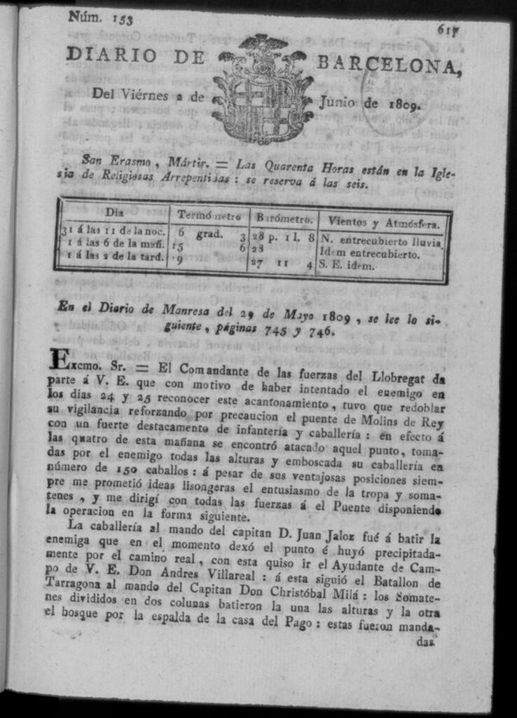 Miniatura de Diario de Barcelona del viernes 2 junio de 1809