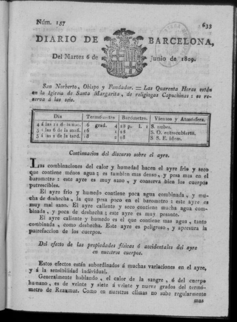 Miniatura de Diario de Barcelona del martes 6 junio de 1809