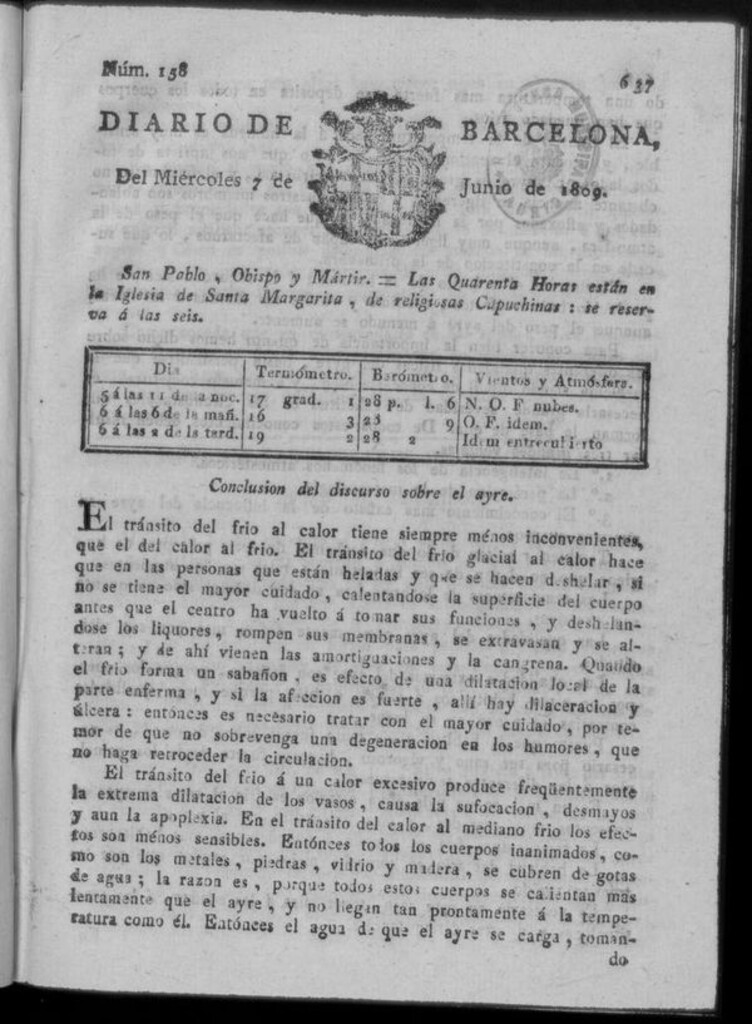Miniatura de Diario de Barcelona del miércoles 7 junio de 1809