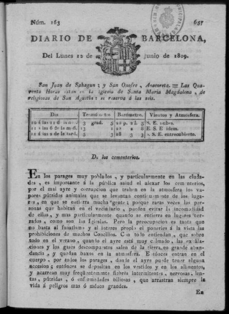 Miniatura de Diario de Barcelona del lunes 12 junio de 1809