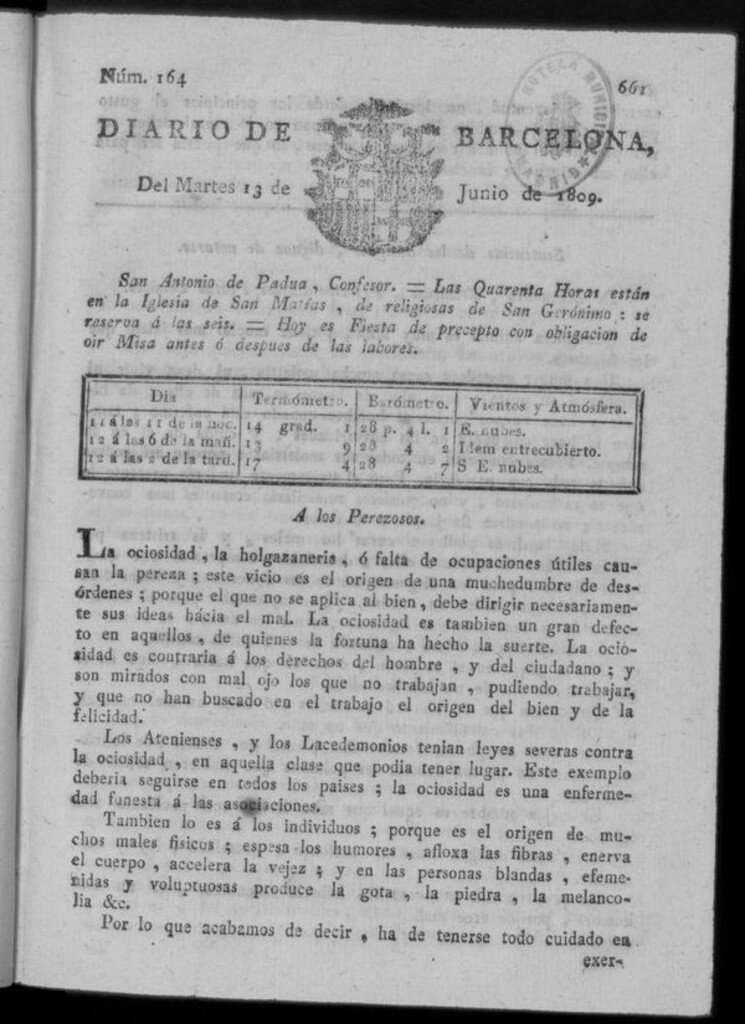 Miniatura de Diario de Barcelona del martes 13 junio de 1809
