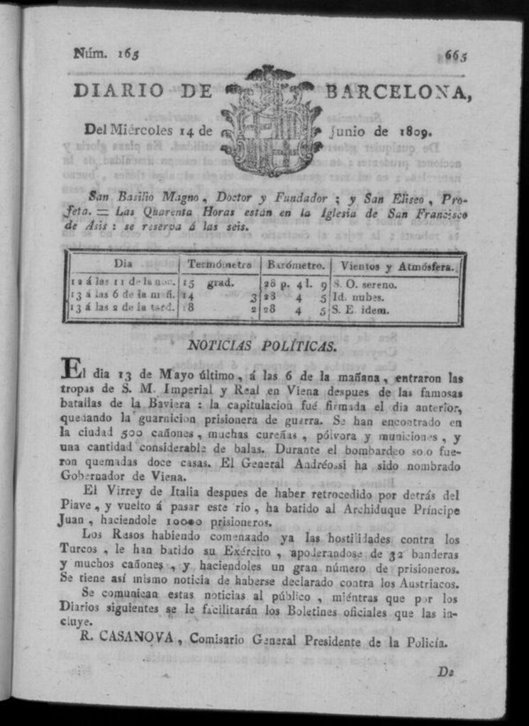 Miniatura de Diario de Barcelona del miércoles 14 junio de 1809