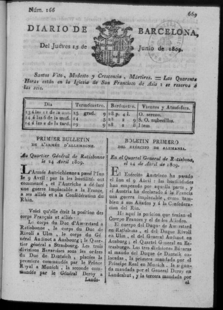 Miniatura de Diario de Barcelona del jueves 15 junio de 1809