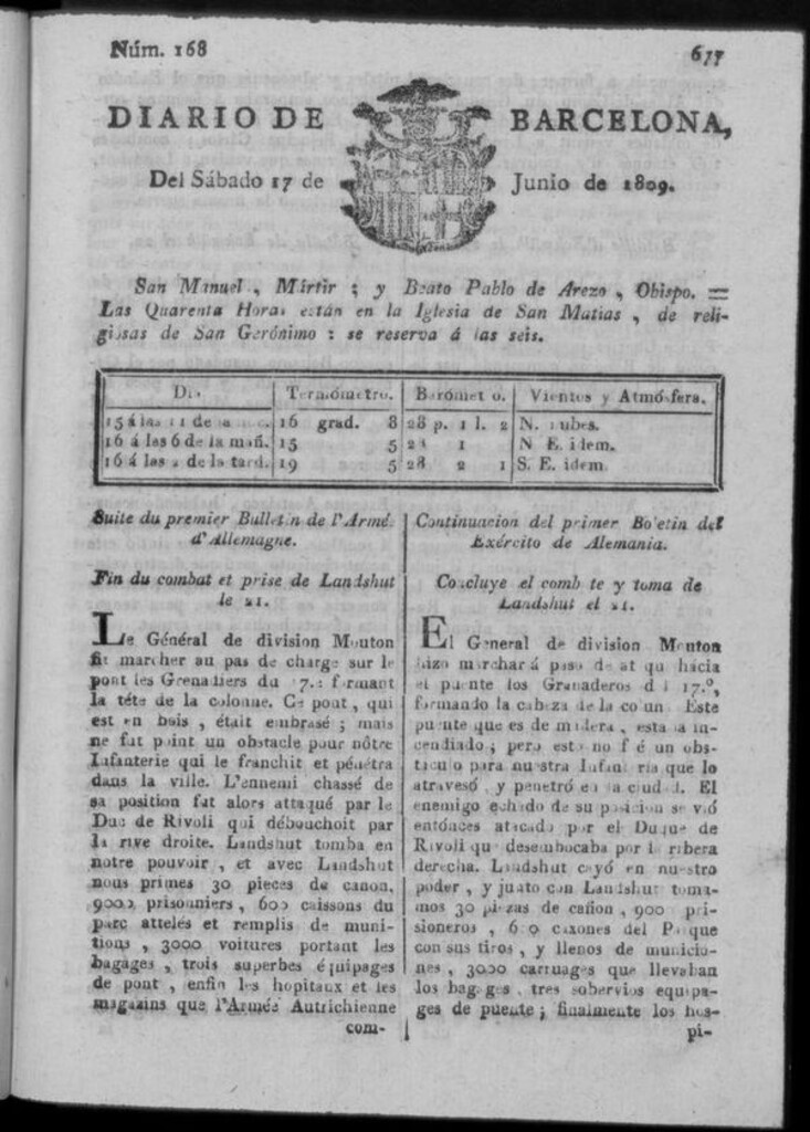 Miniatura de Diario de Barcelona del sábado 17 junio de 1809